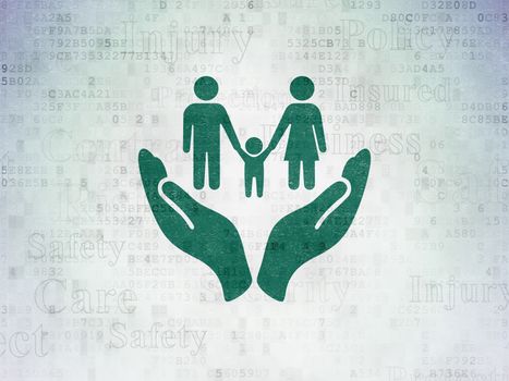 Insurance concept: Painted green Family And Palm icon on Digital Data Paper background with  Tag Cloud