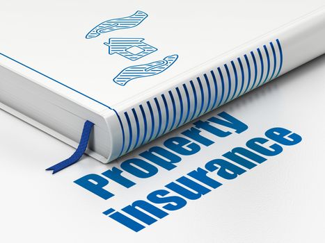 Insurance concept: closed book with Blue House And Palm icon and text Property Insurance on floor, white background, 3D rendering