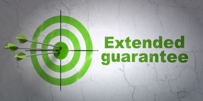 Success Insurance concept: arrows hitting the center of target, Green Extended Guarantee on wall background, 3D rendering