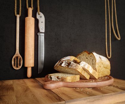 Fresh bread with oat sliced on a slate cutting board photo background copy space