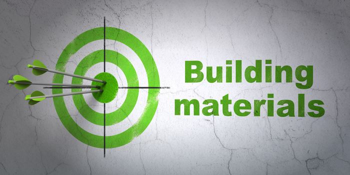 Success building construction concept: arrows hitting the center of target, Green Building Materials on wall background, 3D rendering