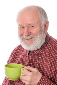 Cheerful and smiling handsome bald and bearded senior man with big green cup, isolated on white background