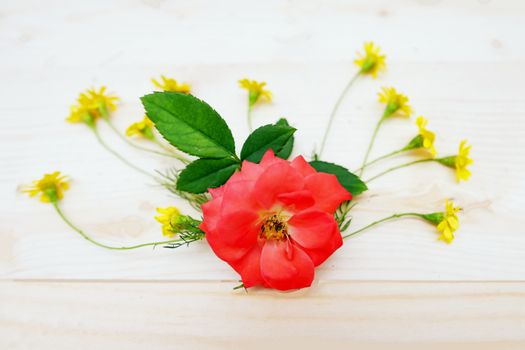 Bouquet of Yellow Daisies and Red Rose on the Table wood