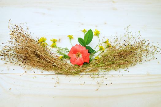 Bouquet of Yellow Daisies and Red Rose on the Table wood