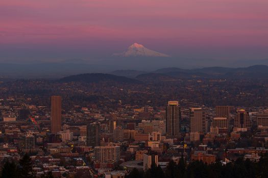 Last light on Mt Hood and the city of Portland Oregon