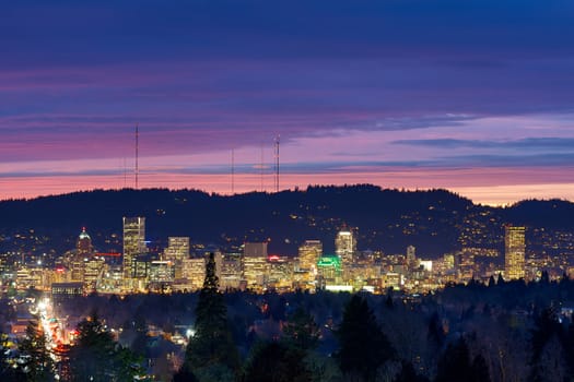 City of Portland Oregon downtown skyline at evening twilight