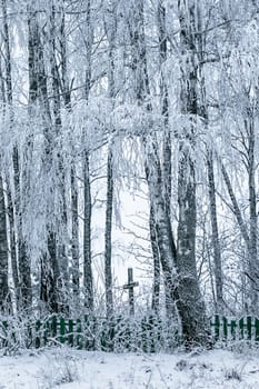 Old cemetery at abandoned  village in a winter day