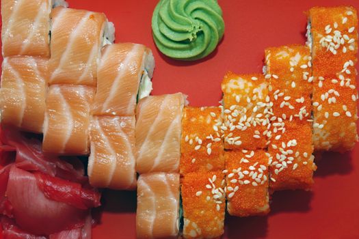 Sushi close-up on red background