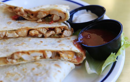 Mexican Quesadilla with chicken and two sauces