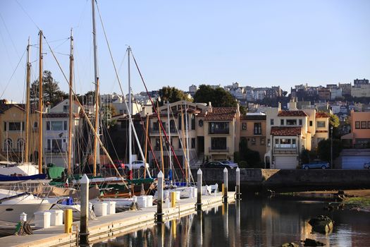 California yacht harbor with the San Francisco skyline in the background