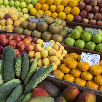 Fresh exotic fruits in Mercado Dos Lavradores. Funchal, Madeira

