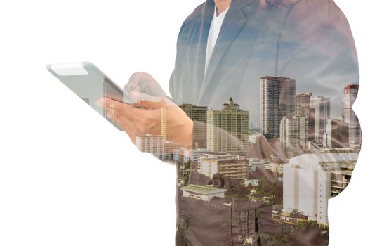 Double exposure of city and businessman on the phone as Business development concept.