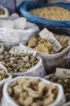 Beautiful vivid oriental market with bags full of various spices in Osh Kyrgyzstan.