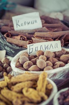 Beautiful vivid oriental market with bags full of various spices in Osh Kyrgyzstan.