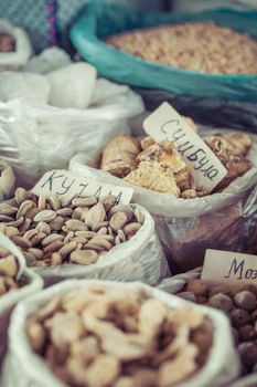 Beautiful vivid oriental market with bags full of various spices in Osh Kyrgyzstan.