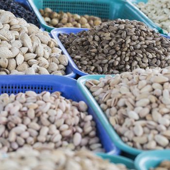 Spices and vegetables in bags at local bazaar in Osh. Kyrgyzstan.