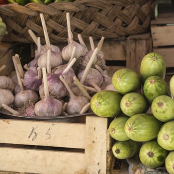 Fresh onion and garlic for sell in morning market, Bishkek, Kyrgyzstan.