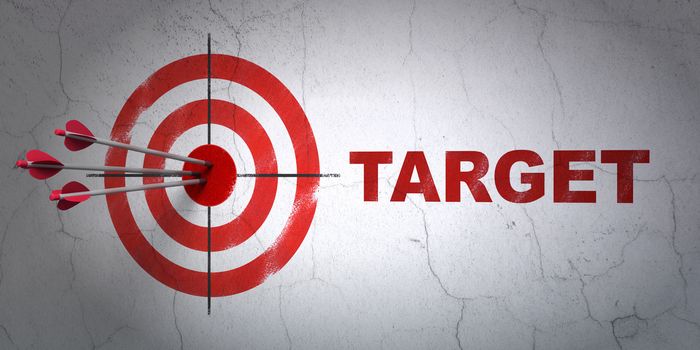 Success finance concept: arrows hitting the center of target, Red Target on wall background, 3D rendering