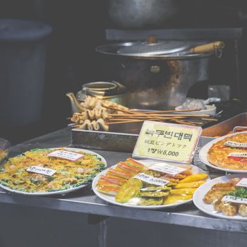 Korean side dishes at local market in Seoul, South Korea.