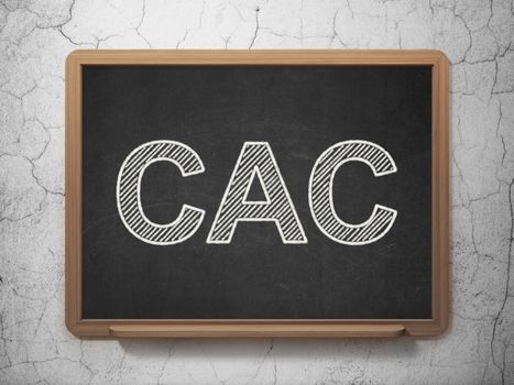 Stock market indexes concept: text CAC on Black chalkboard on grunge wall background, 3D rendering
