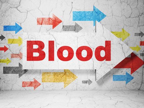 Health concept:  arrow with Blood on grunge textured concrete wall background, 3D rendering