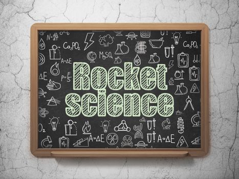 Science concept: Chalk Green text Rocket Science on School board background with  Hand Drawn Science Icons, 3D Rendering