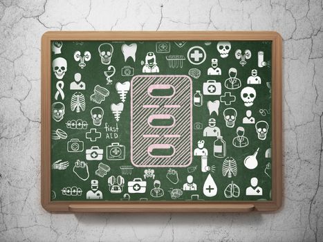 Healthcare concept: Chalk Pink Pills Blister icon on School board background with  Hand Drawn Medicine Icons, 3D Rendering