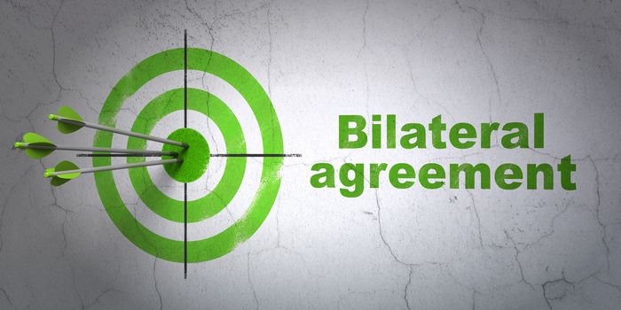 Success Insurance concept: arrows hitting the center of target, Green Bilateral Agreement on wall background, 3D rendering