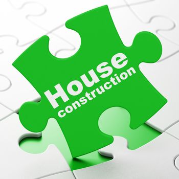 Constructing concept: House Construction on Green puzzle pieces background, 3D rendering