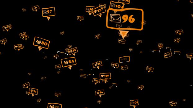 Random Like, Follower, Comment Icons on a black background. Social media concept. 3d illustration.
