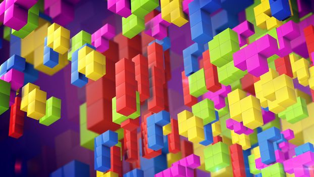Beatiful tetris game figures fall down on a violet backdrop. 3d rendering.