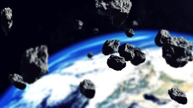 3d rendering of Asteroids Closing to the Earth Planet. Focus on the Asteroids. Apocalypse Concept. 