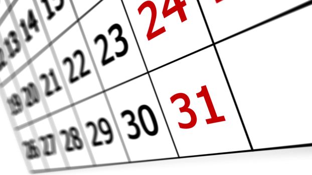 Calendar page with date of 31st. Shallow . 