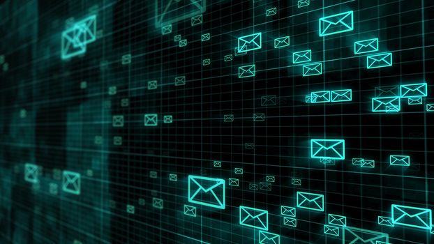 Computer internet Email transfer concept on a dark grid backdrop. 3d illustration.