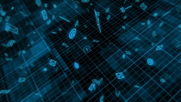 Background with media email icons on a dark grid background. 3d rendering.