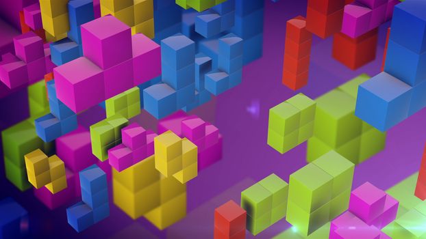 3d rendering of Tetris pieces falling down on a purple backdrop. The logical thinking concept.