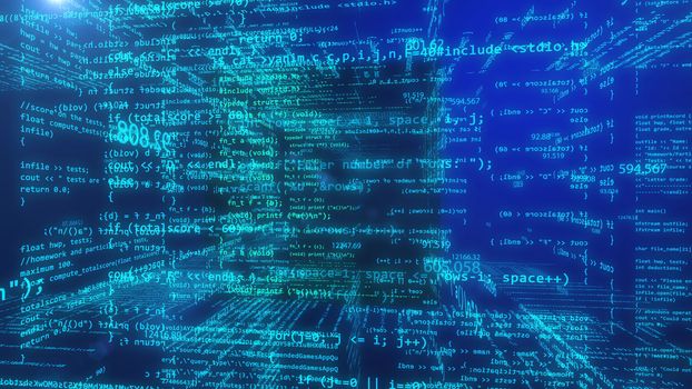 Abstract programming data code on a blue background. 3d rendering.