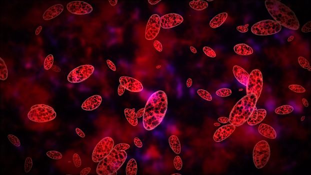 3d rendering of abstract red cells with a fractal texture on a dark red background