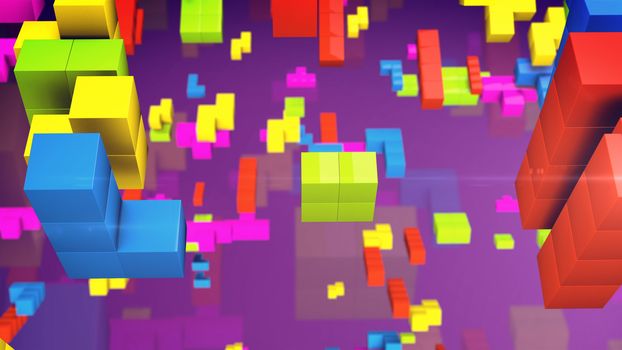 Old video game square tetris. Colored line bricks game pieces. 3d rendering.