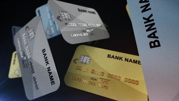 Color plastic cards on a black background. Finance concept. 3d rendering.