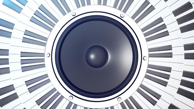 3d rendering of abstract grand piano keys in a circle over an audio monitor. Music concept.