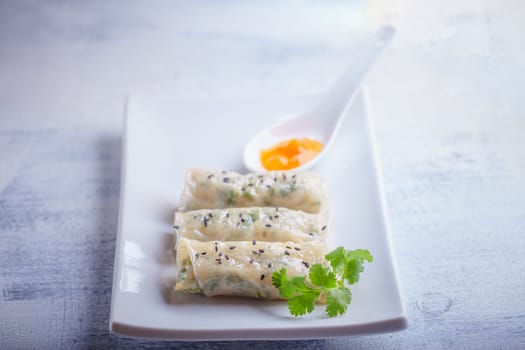 Spring Rolls with Sauce on a plate. Asian food