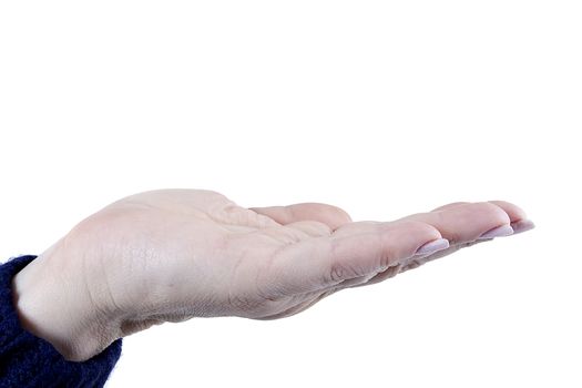 Female hand showing open gesture. Isolated on white.