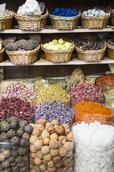 Dried herbs, flowers and arabic spices in the souk at Deira in Dubai, UAE.