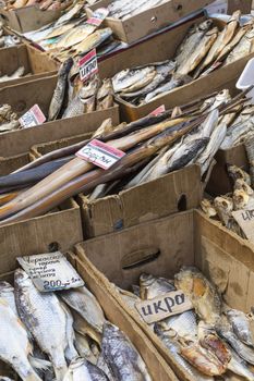 Dried salted fish at a farmers market in Odessa, Ukraine.