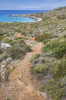 Panoramic view of the sea coast with turquoise water. East coast of Crete island, Greece.