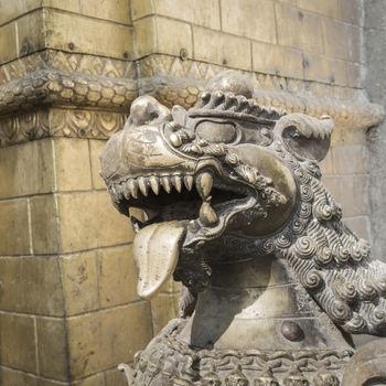 Lions, symbols of power and protection, in Bhaktapur Temple ,the Kathmandu Valley, Nepal

