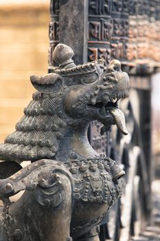 Lions, symbols of power and protection, in Bhaktapur Temple ,the Kathmandu Valley, Nepal