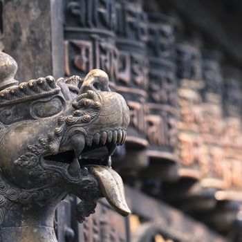 Lions, symbols of power and protection, in Bhaktapur Temple ,the Kathmandu Valley, Nepal