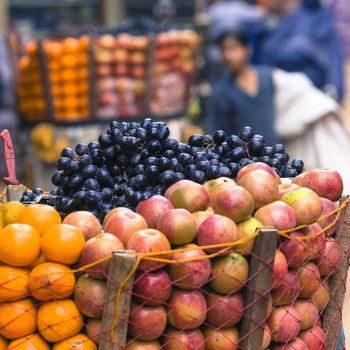 The hawker sell his fruits in Thamel in Katmandu, Nepal.